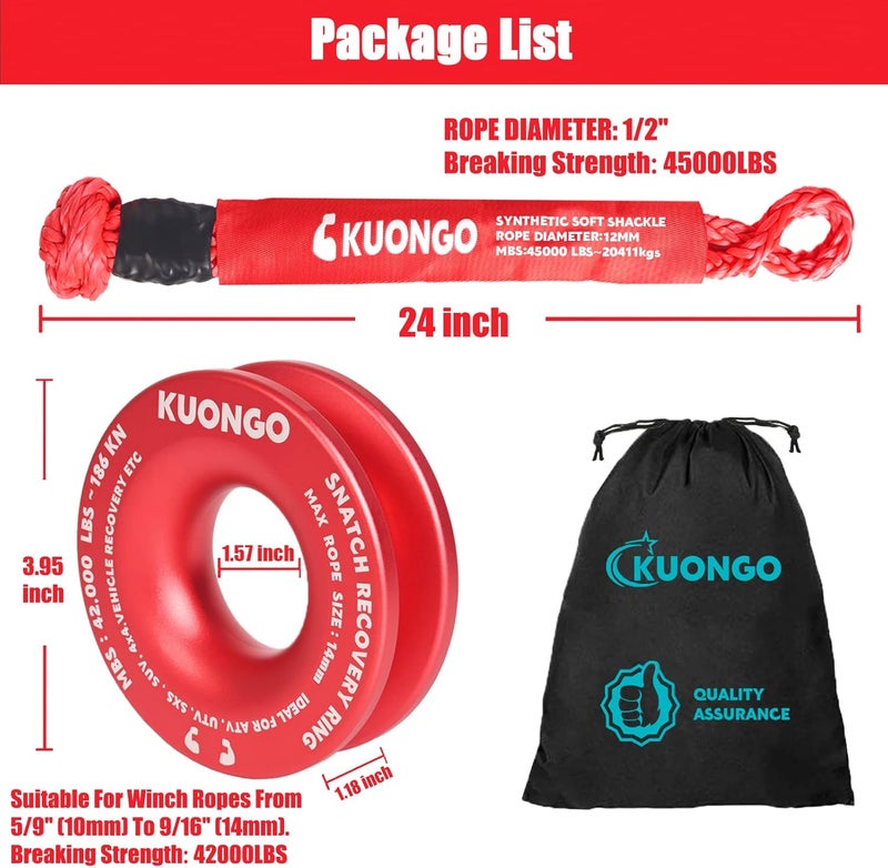 KUONGO Soft Shackle 1/2"x24" Recovery Snatch Ring, Synthetic Soft Shackle Recovery Rope 45000lbs Breaking Strength Winch Snatch Block Towing Ring 46000lbs, for Truck ATV UTV SUVs Off-Road Vehicel Red - Image 3